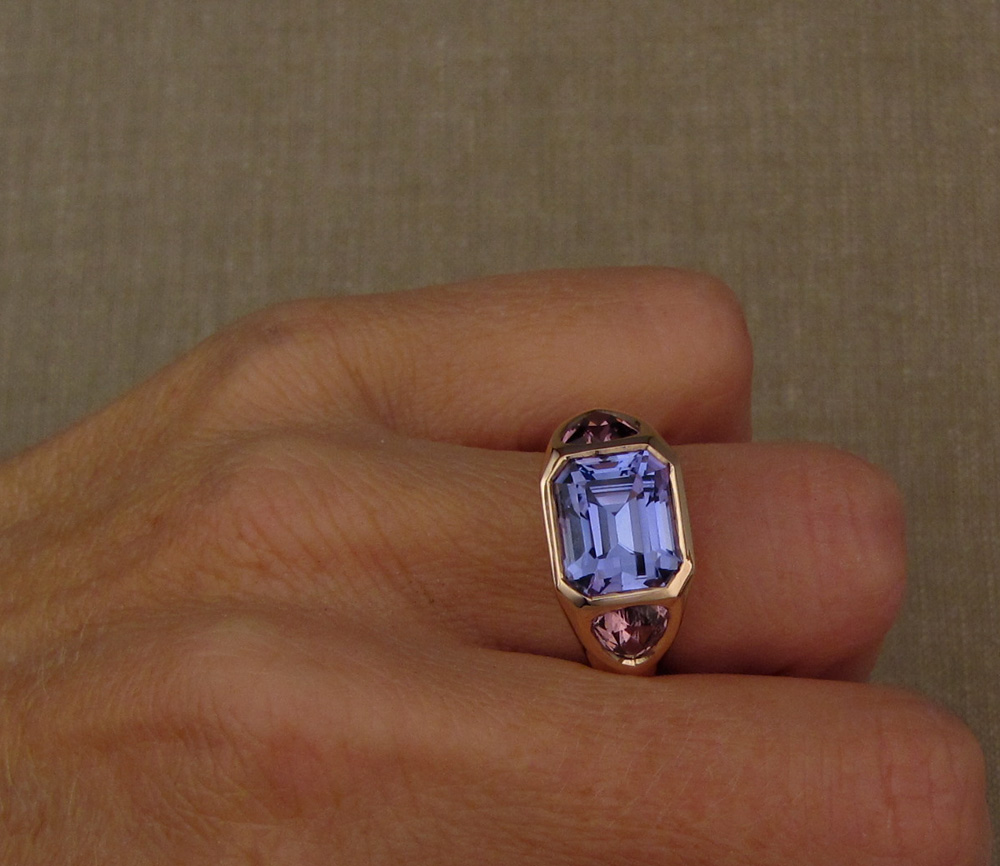 Custom designed & hand-carved Chunky 3-Stone statement ring in 19K rose gold, tanzanite, tourmaline.