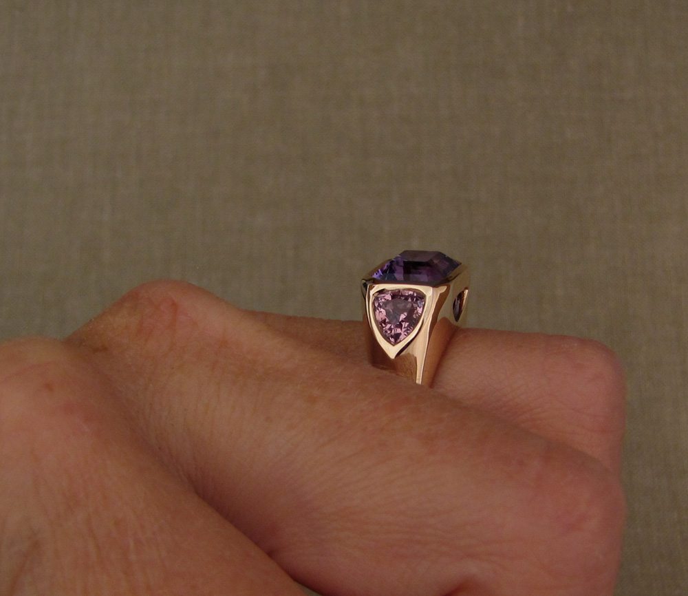 Custom designed & hand-carved Chunky 3-Stone statement ring in 19K rose gold, tanzanite, tourmaline.