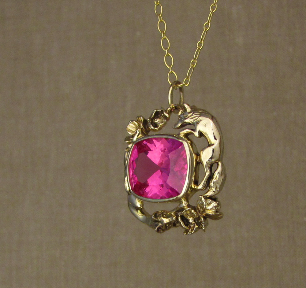 Custom designed & hand carved foxes & poppies pendant with pink sapphire, 14K gold