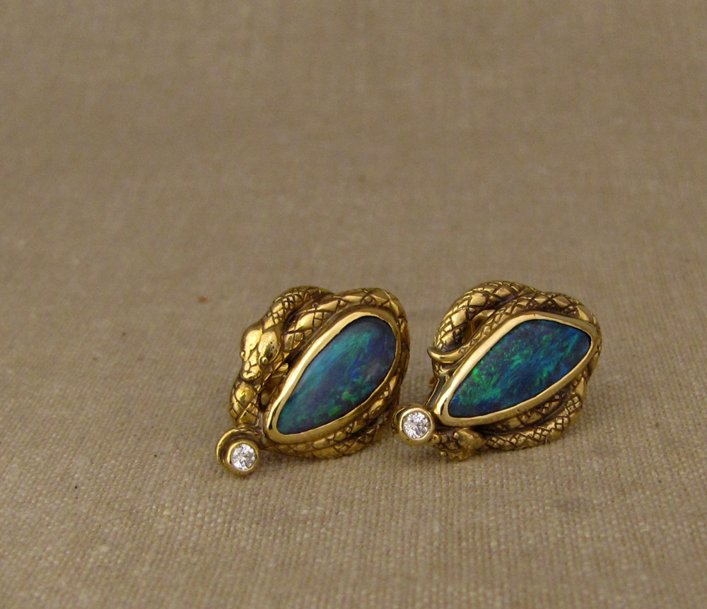 Custom designed & hand-carved snake & australian black opal & diamond earrings 