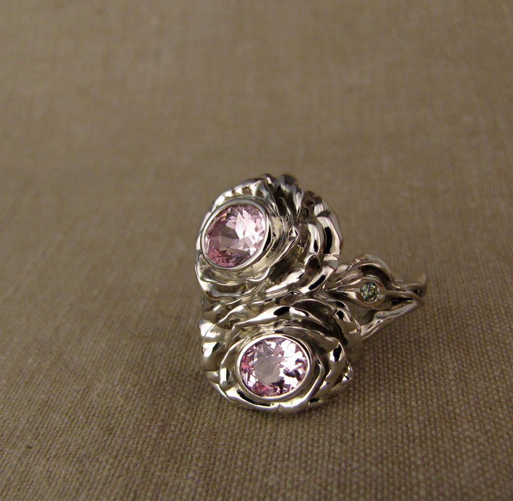 Custom-designed & hand-carved 'Toi et Moi' Roses ring, set with delicate padparadscha sapphires, 14K white gold