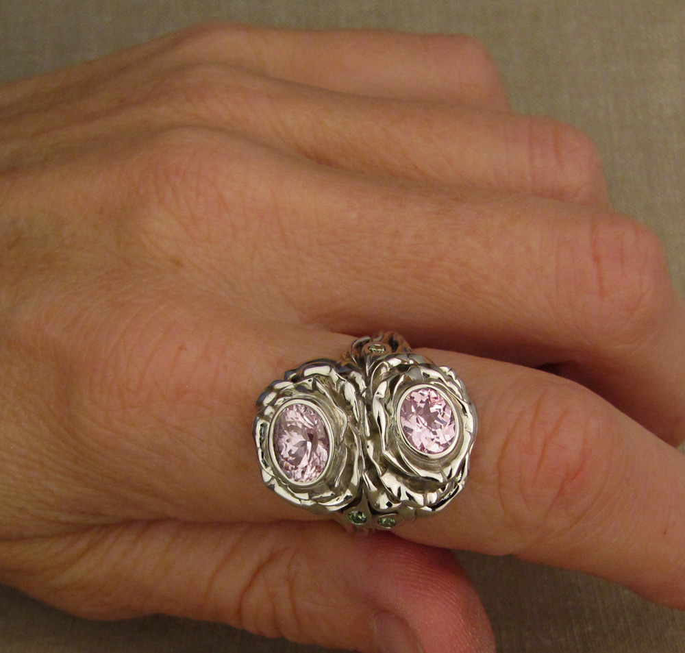 Custom-designed & hand-carved 'Toi et Moi' Roses ring, set with delicate padparadscha sapphires, 14K white gold