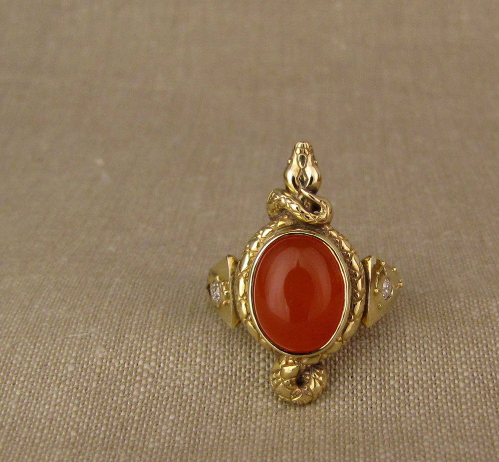 Custom designed & hand-carved Snake ring set with carnelian and antique Old European cut diamonds; cicada & Pleiades motifs on shoulders, dogwood blossom on the base. 