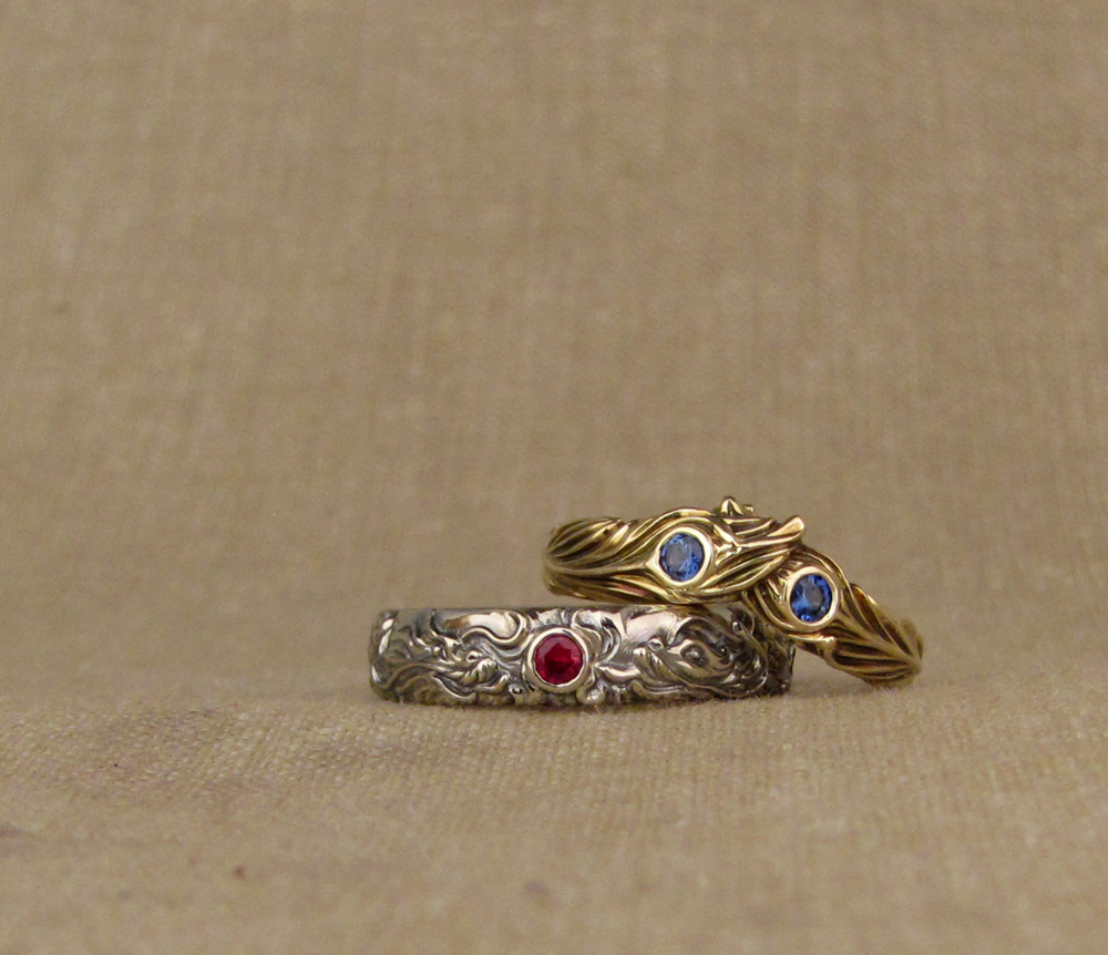 Custom designed & hand carved Chinese Dragon and Phoenix Feathers wedding bands, 14K white and yellow gold, ruby and blue sapphires