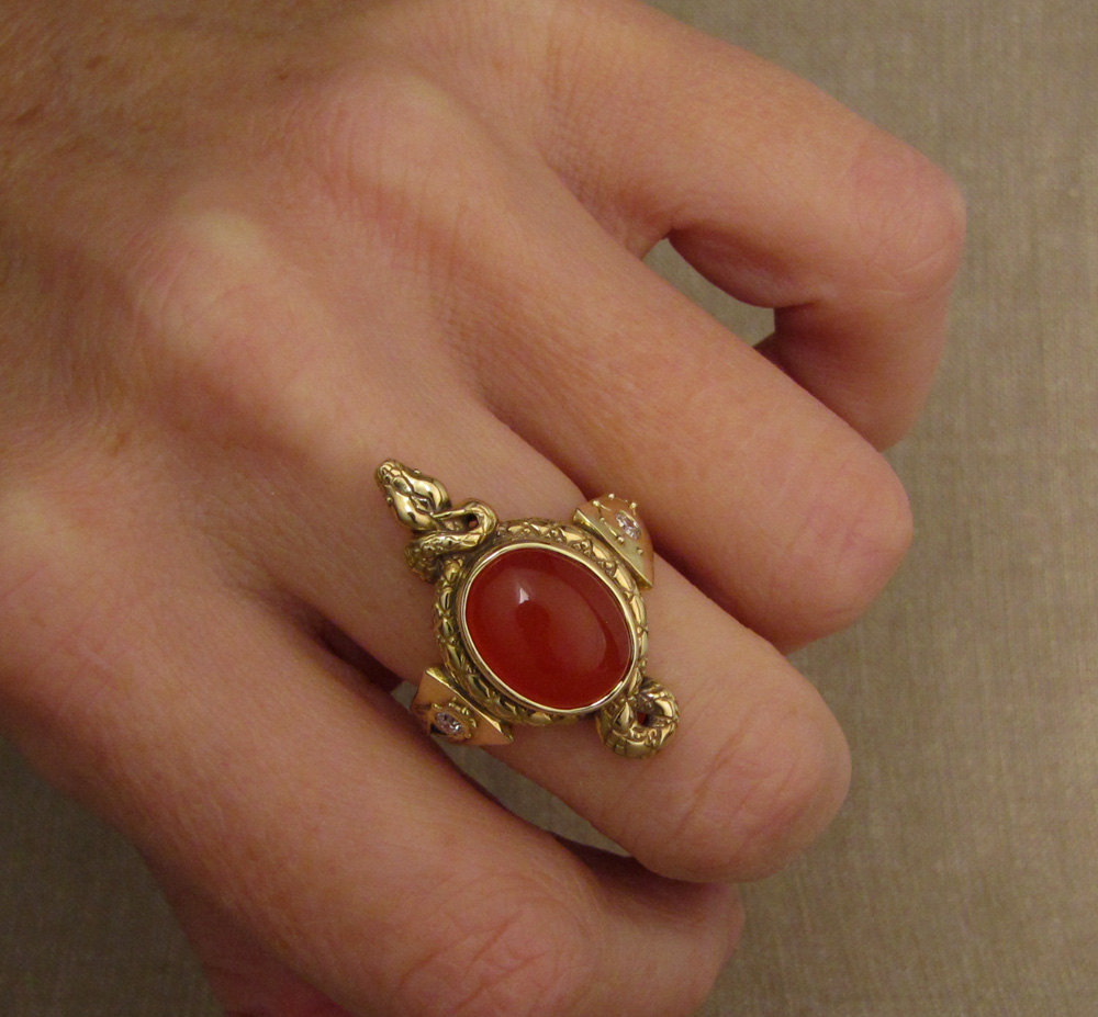 Custom designed & hand-carved Snake ring set with carnelian and antique Old European cut diamonds; cicada & Pleiades motifs on shoulders, dogwood blossom on the base. 