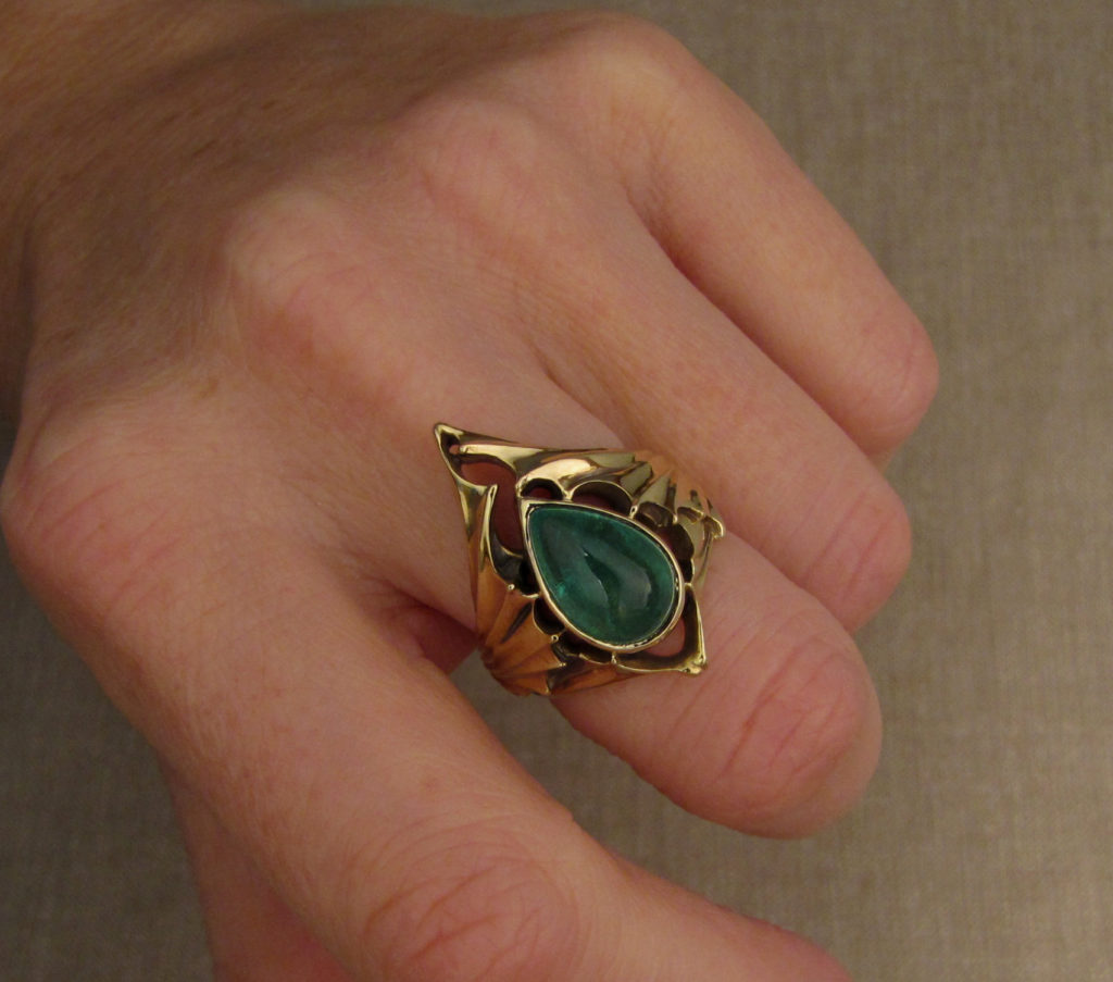 Custom designed & hand carved Emerald cabochon pear Bat-wing statement ring, 18K yellow gold