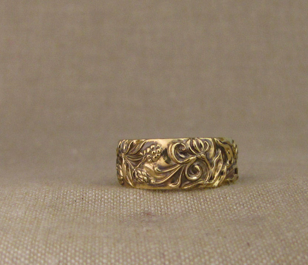 Custom designed and hand carved Rose and Honeysuckle Wedding Band, 18K yellow gold