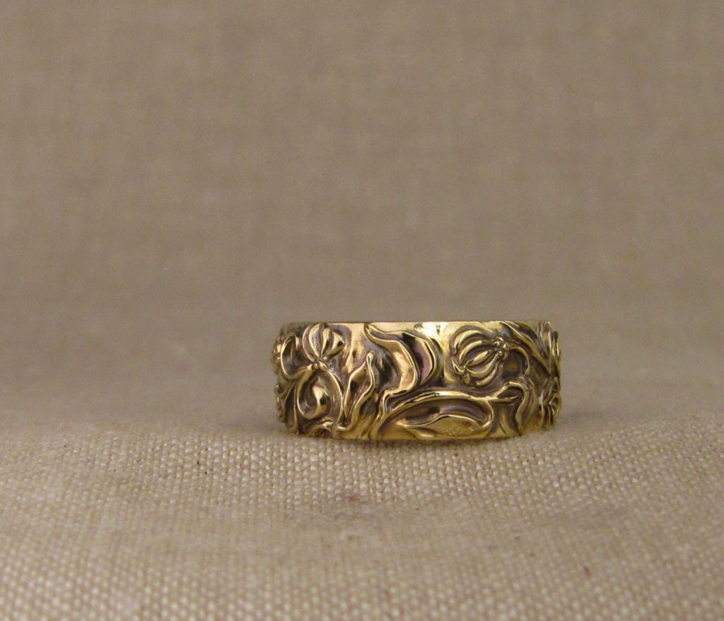 Custom designed and hand carved Rose and Honeysuckle Wedding Band, 18K yellow gold