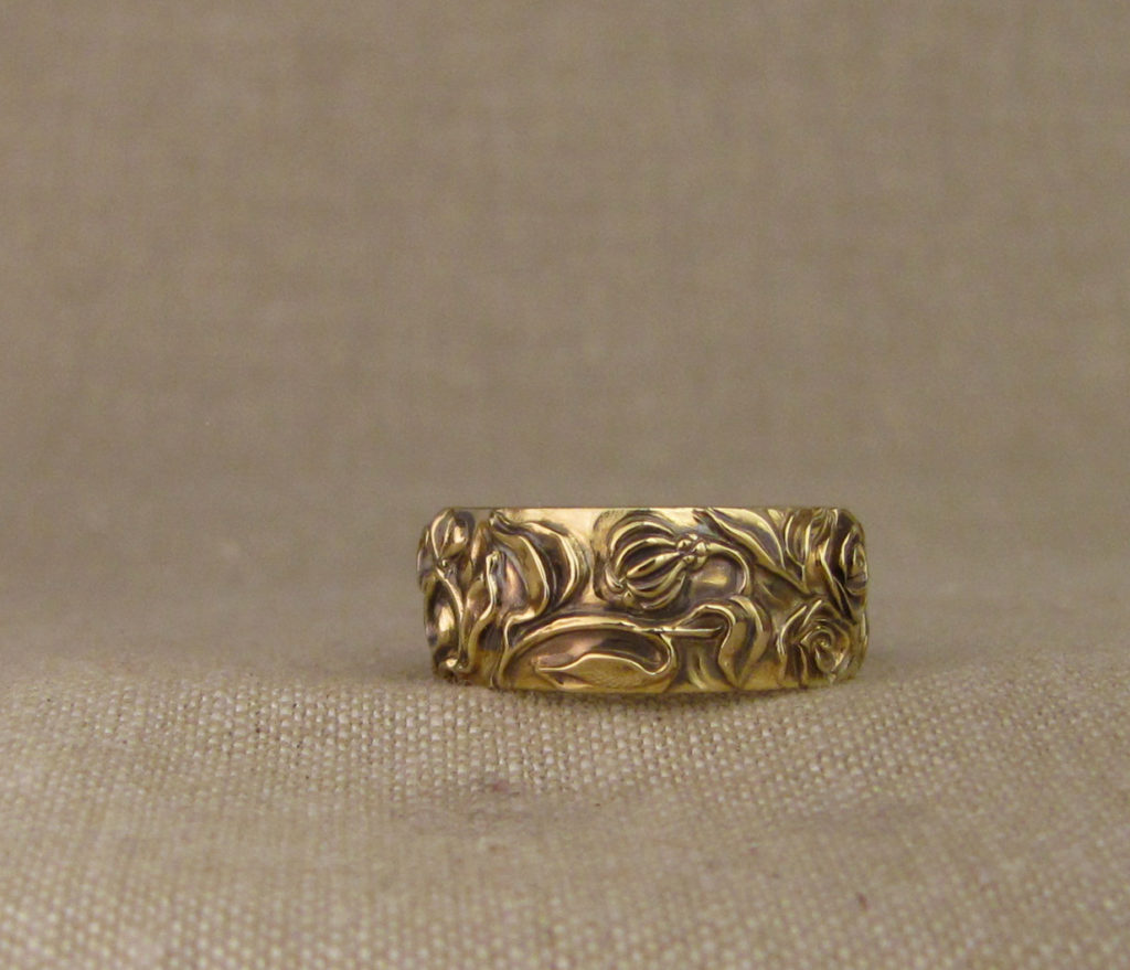 Custom designed and hand carved Rose and Honeysuckle Wedding Band, 18K yellow gold