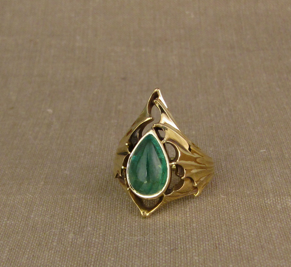 Custom designed & hand carved Emerald cabochon pear Bat-wing statement ring, 18K yellow gold