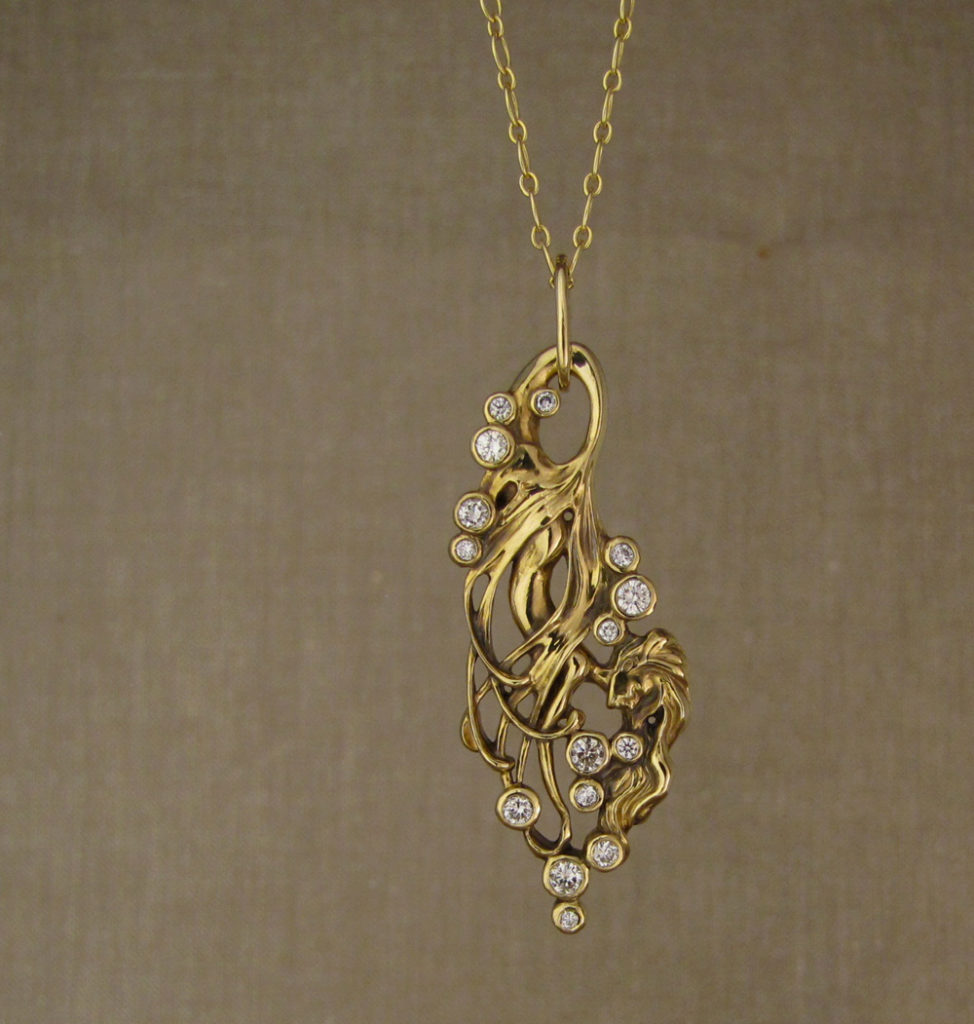 Custom designed & hand-carved Mermaid Diving pendant, 18K yellow gold + diamonds