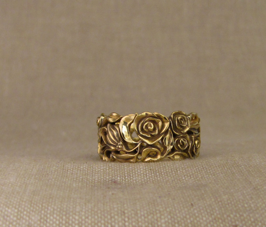 Custom designed and hand carved Rose and Honeysuckle Wedding Band, 18K yellow gold