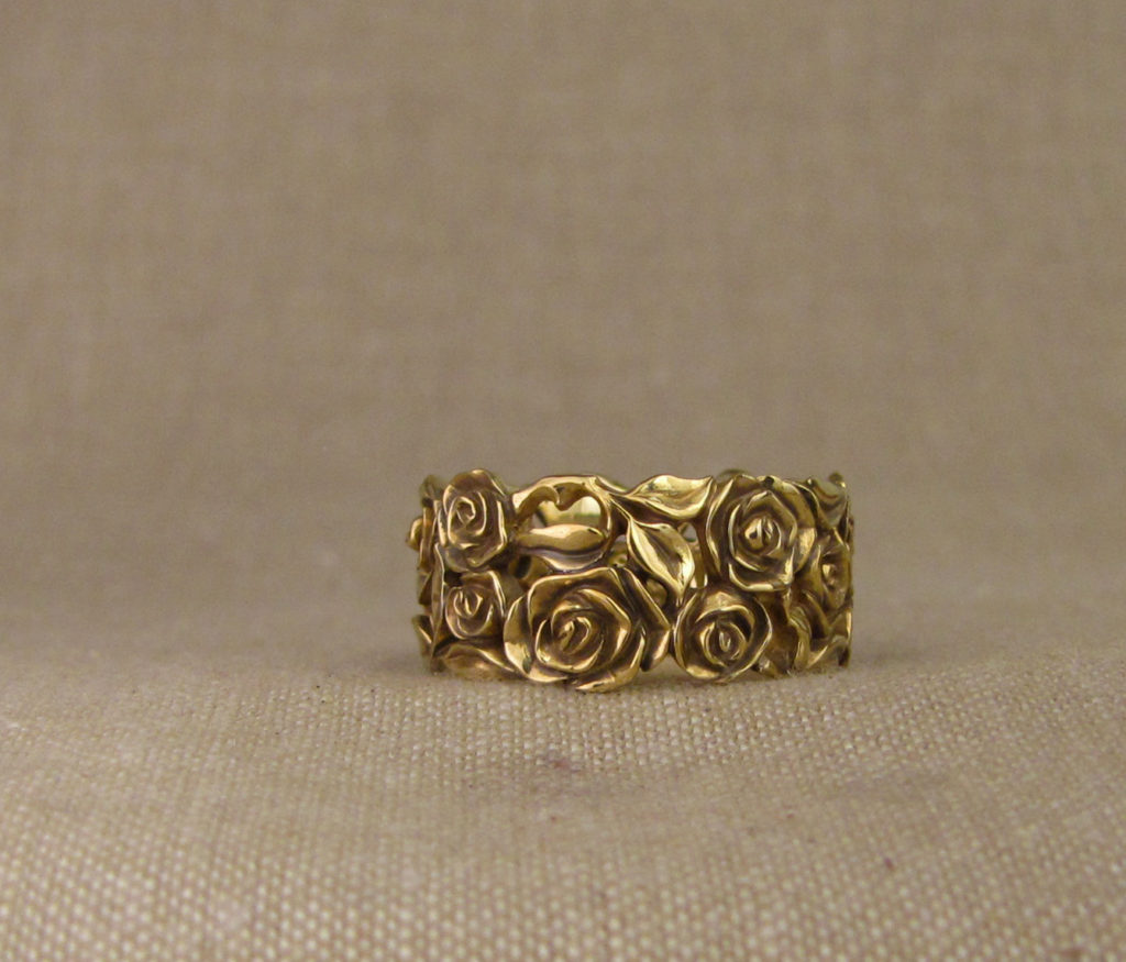 Custom designed and hand carved Rose and Honeysuckle Wedding Band, 18K yellow gold