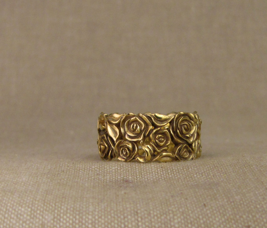 Custom designed and hand carved Rose and Honeysuckle Wedding Band, 18K yellow gold