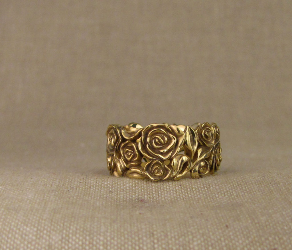 Custom designed and hand carved Rose and Honeysuckle Wedding Band, 18K yellow gold