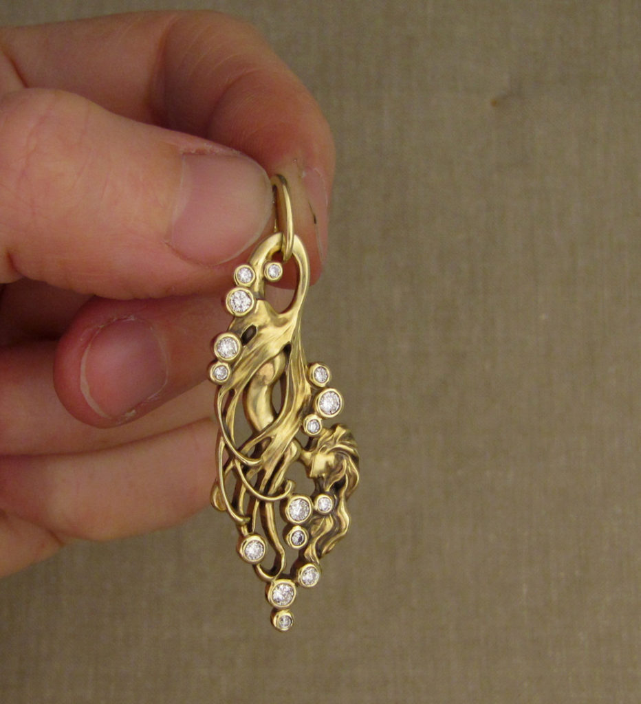 Custom designed & hand-carved Mermaid Diving pendant, 18K yellow gold + diamonds
