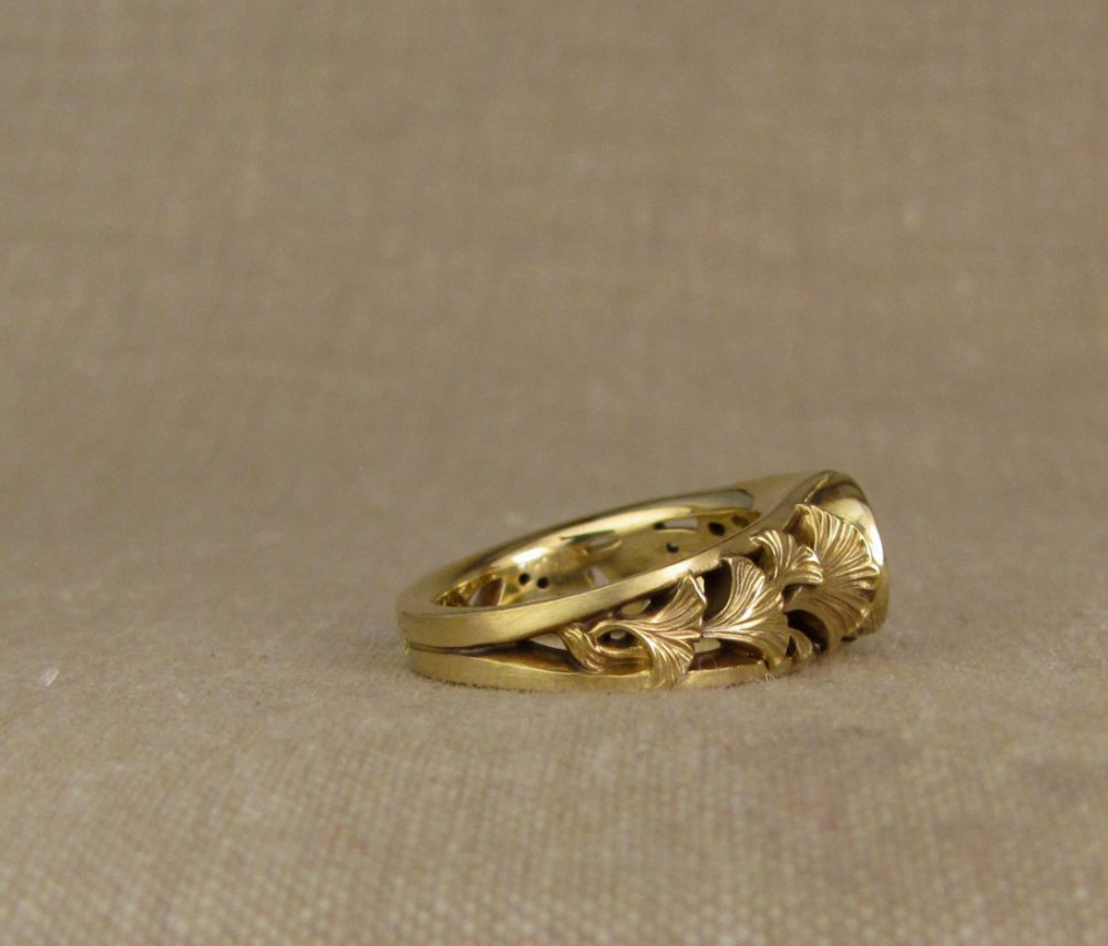 Custom designed & hand-carved Ginkgo Leaf Solitaire in 18K yellow gold with 1.5ct diamond and small yellow diamond in base