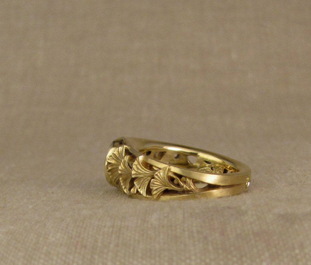 Custom designed & hand-carved Ginkgo Leaf Solitaire in 18K yellow gold with 1.5ct diamond and small yellow diamond in base