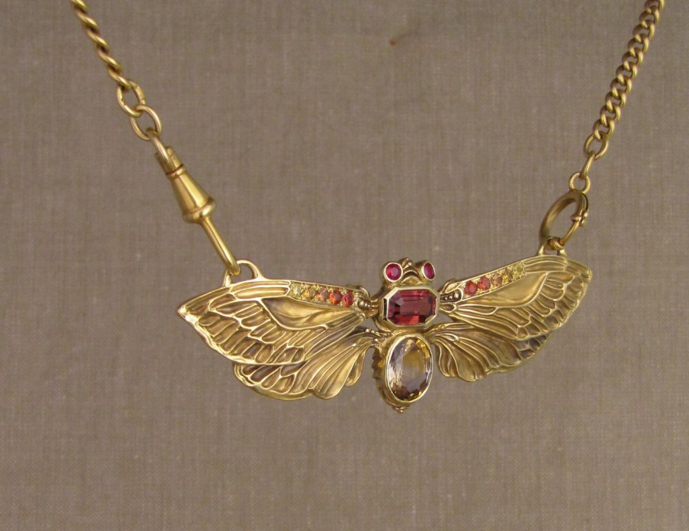 Hand-carved Jeweled Cicada Pendant with sapphires and rubies, 18K