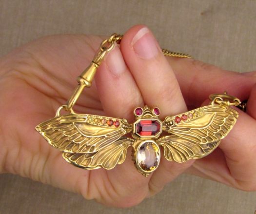 Hand-carved Jeweled Cicada Pendant with sapphires and rubies, 18K