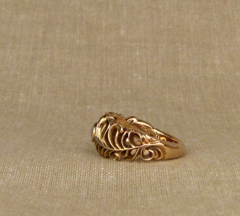 Hand-carved Peacock Feather wedding band with 1/4ct diamond, 18K gold