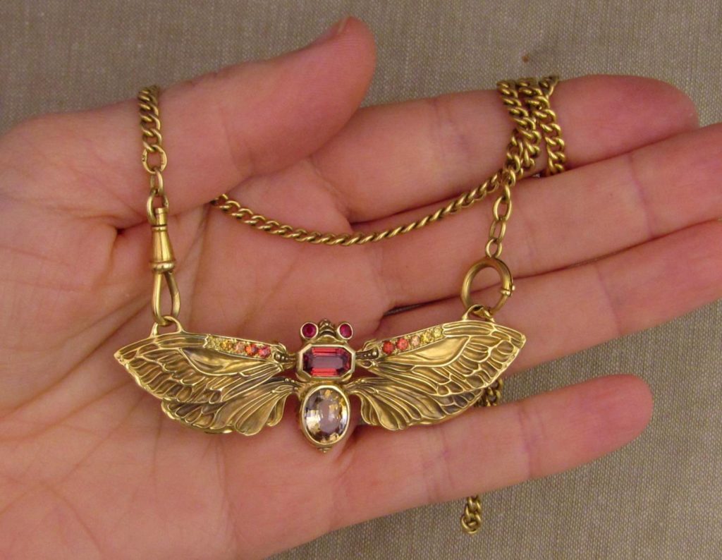 Hand-carved Jeweled Cicada Pendant with sapphires and rubies, 18K