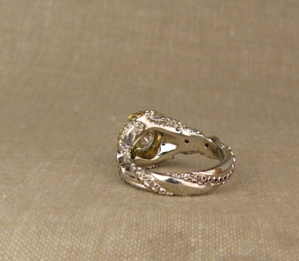 Custom designed & hand-carved tentacles/steampunk/Jules Verne themed solitaire with grey diamond, 18K and 14K