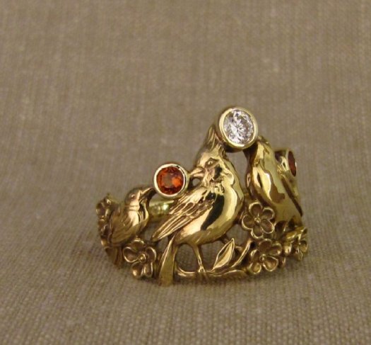Custom designed Songbirds and Forget-me-not Ring in 18K gold with diamond & citrines