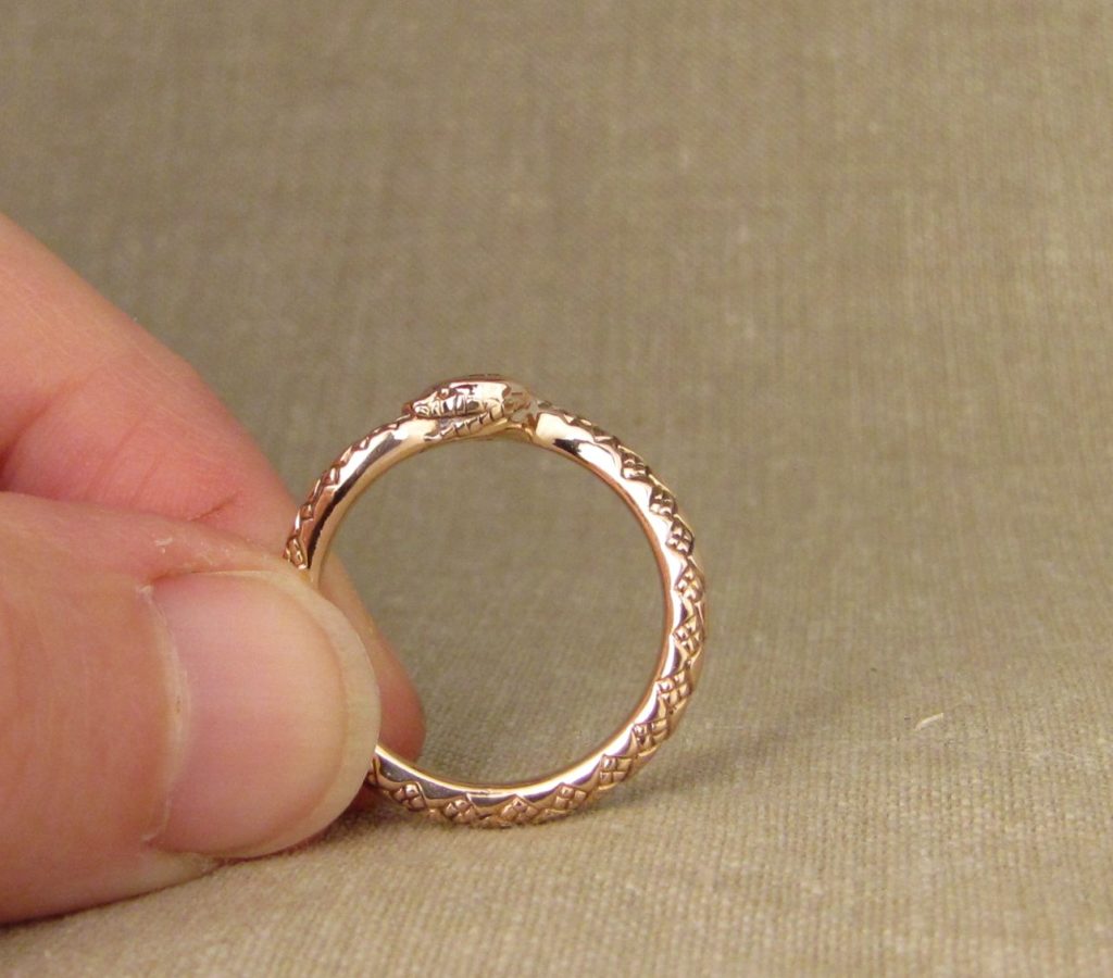Custom designed & hand-carved Ouroboros ring, set with antique pale champagne diamond, 14K rose gold