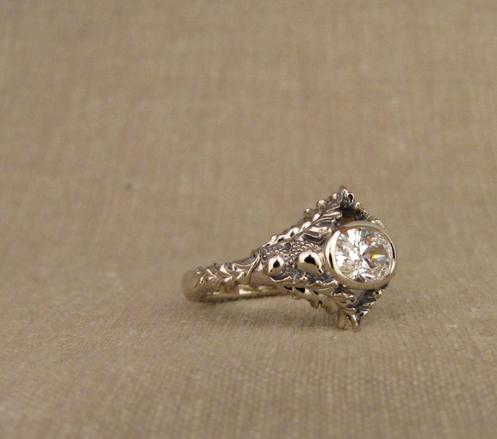 Custom designed & hand-carved Oak Leaves & Acorns Solitaire with oval diamond, 18k white gold