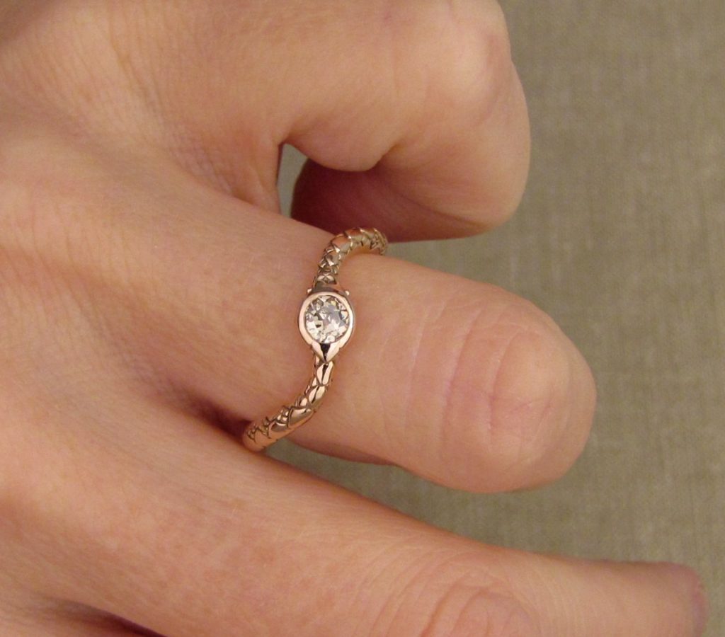 Custom designed & hand-carved Ouroboros ring, set with antique pale champagne diamond, 14K rose gold
