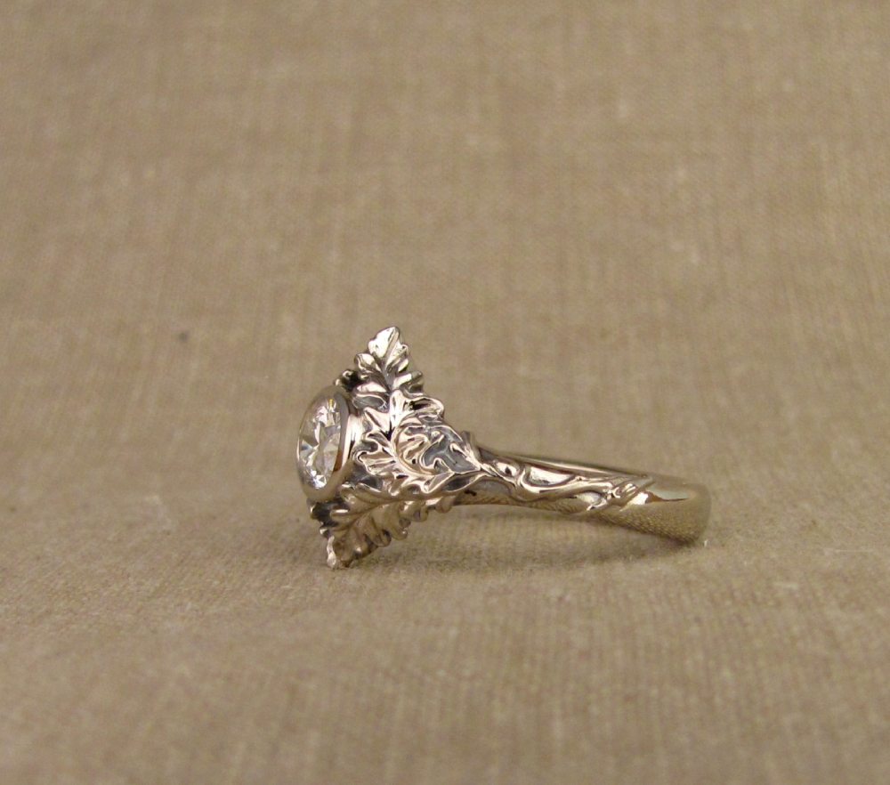 Custom designed & hand-carved Oak Leaves & Acorns Solitaire with oval diamond, 18k white gold