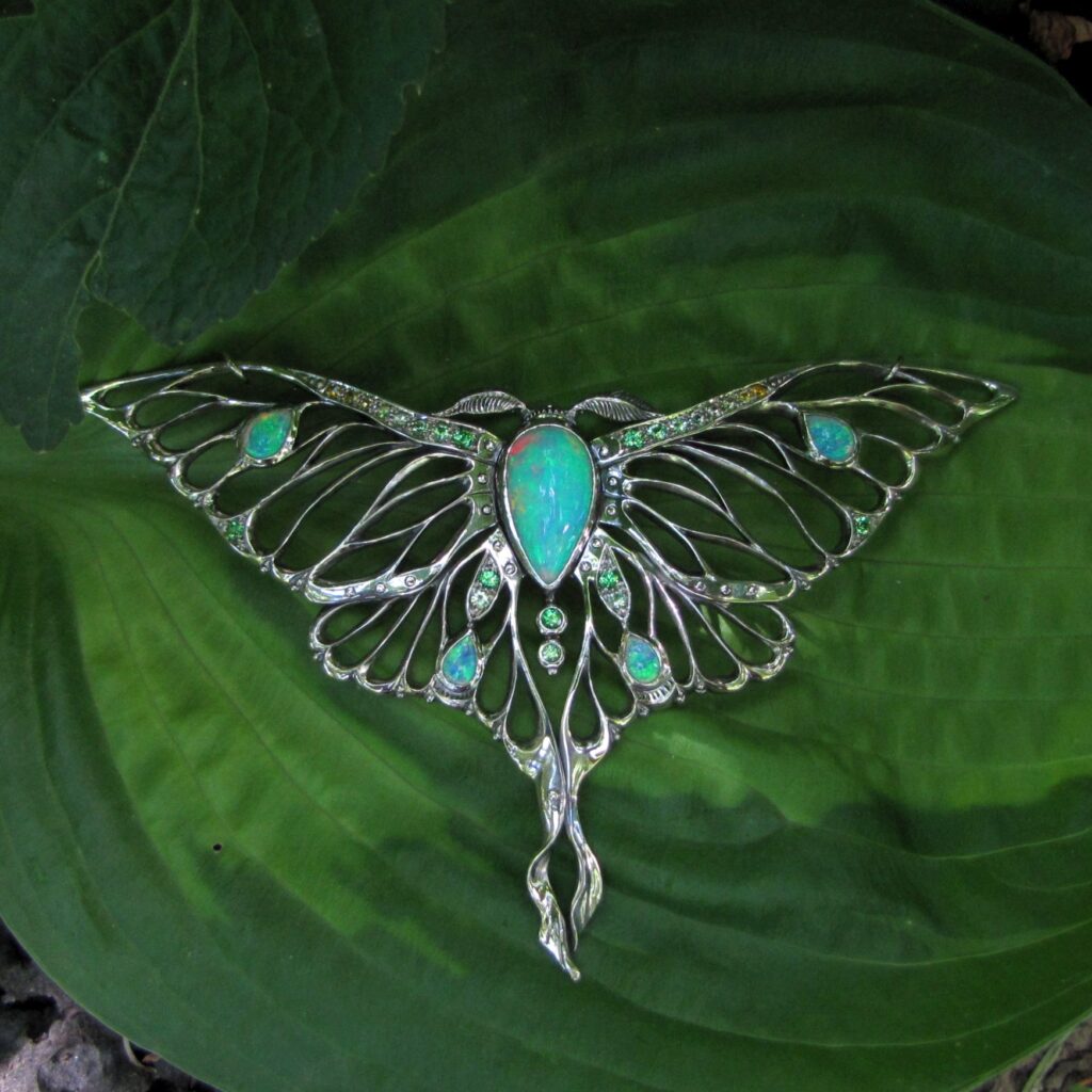 Luna Moth pendant/neckpiece with opals, sapphires, and tsavorite garnets, 14K white gold. cheyenne weil jewelry