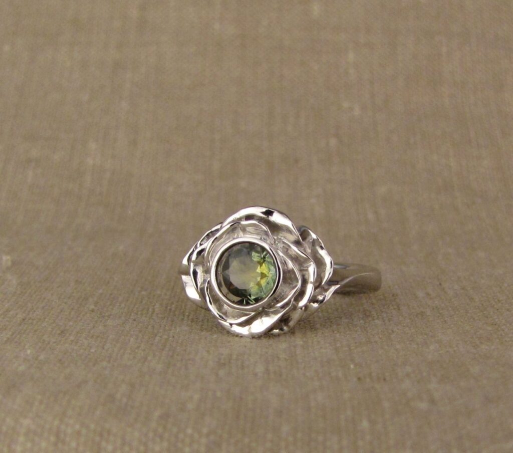 Blooming Rose solitaire, handmade, platinum, parti-color sapphire, cheyenne weil jewelry