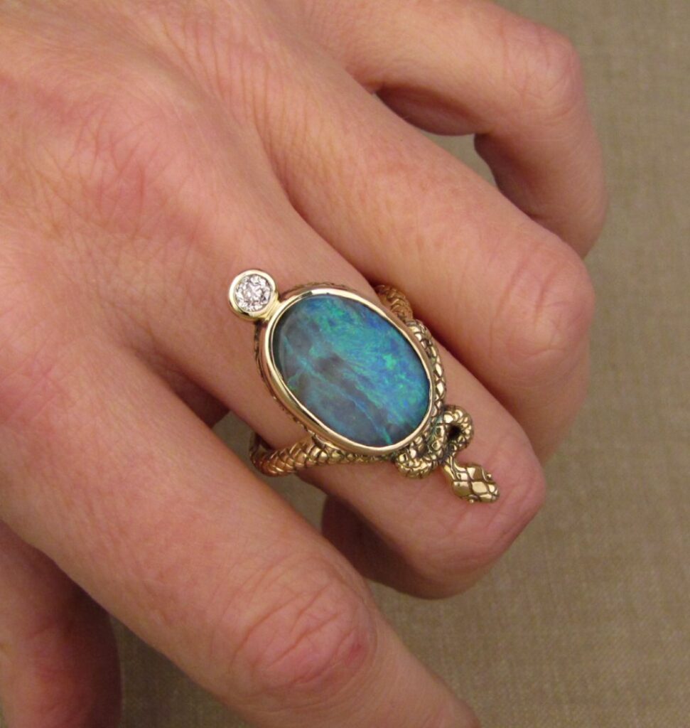 Snake Cocktail ring with Australian opal & OEC diamond, 14K gold, cheyenne weil jewelry