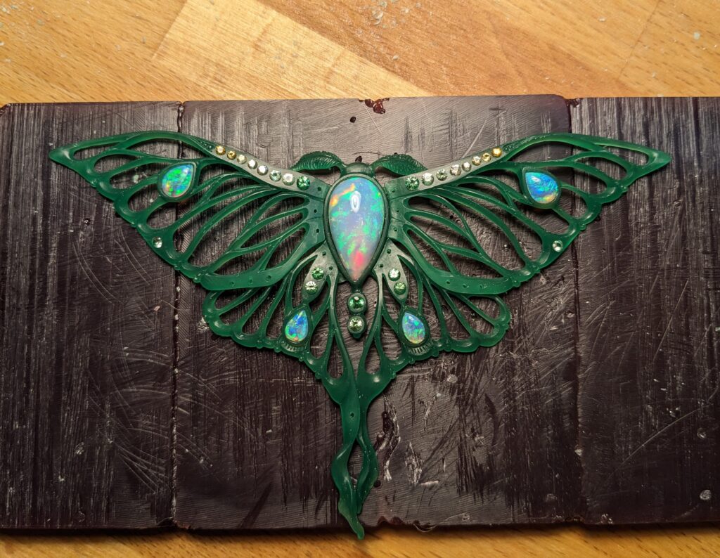 Luna Moth pendant wax carving. cheyenne weil jewelry