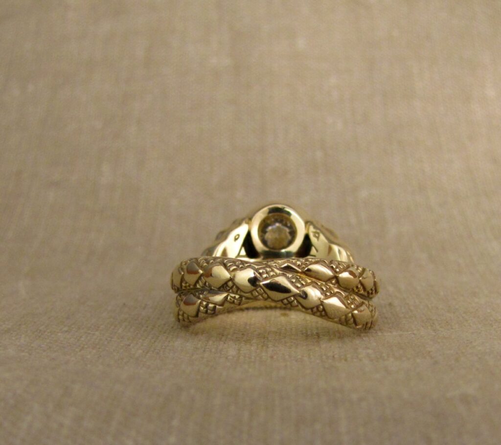 Amphisbaena - Double-headed snake solitaire ring with 1.5ct diamond, 14K gold. cheyenne weil jewelry