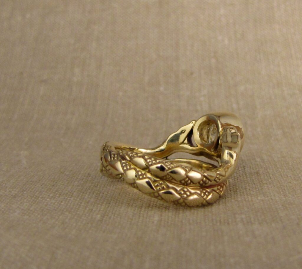 Amphisbaena - Double-headed snake solitaire ring with 1.5ct diamond, 14K gold. cheyenne weil jewelry