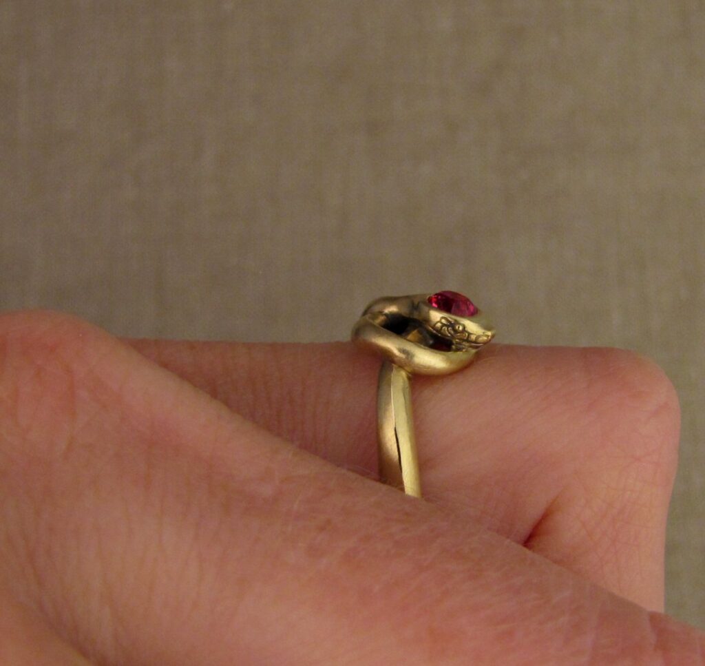 Snake ring with spinel, 14K gold, cheyenne weil jewelry