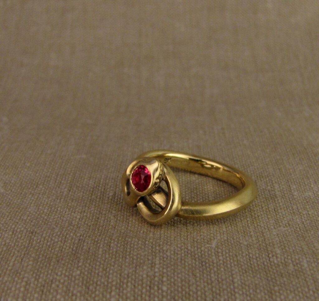 Snake ring with spinel, 14K gold, cheyenne weil jewelry