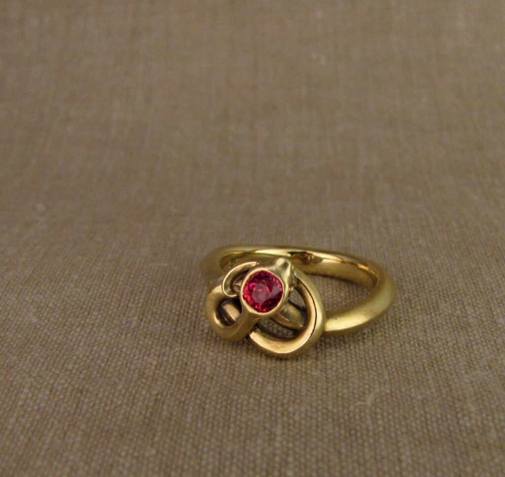 Snake ring with spinel, 14K gold, cheyenne weil jewelry