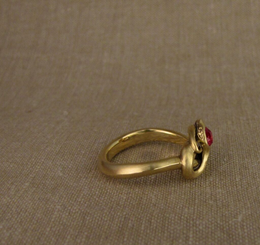 Snake ring with spinel, 14K gold, cheyenne weil jewelry