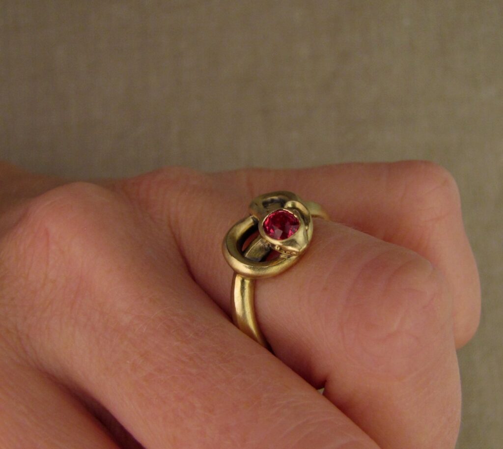 Snake ring with spinel, 14K gold, cheyenne weil jewelry