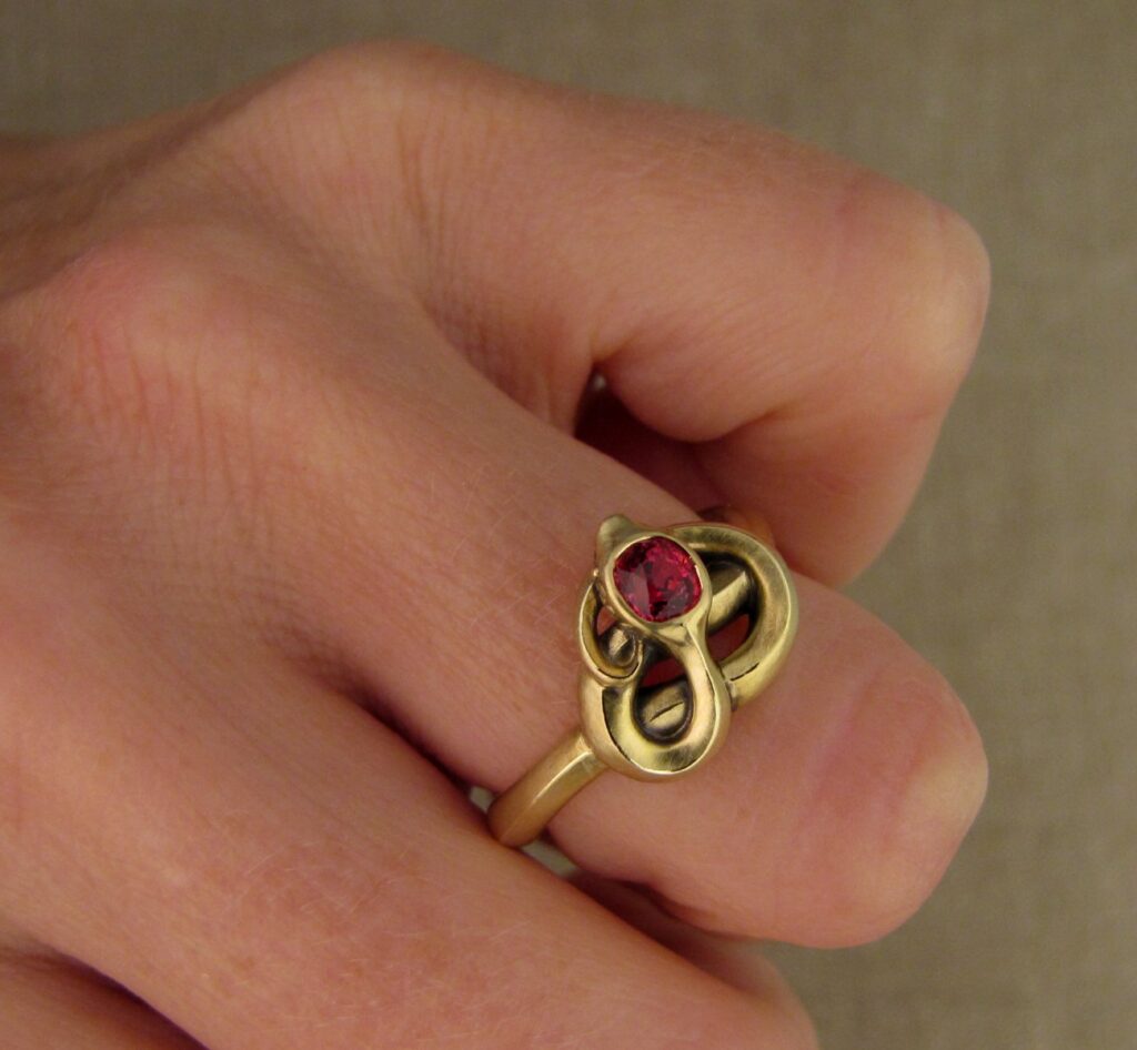 Snake ring with spinel, 14K gold, cheyenne weil jewelry