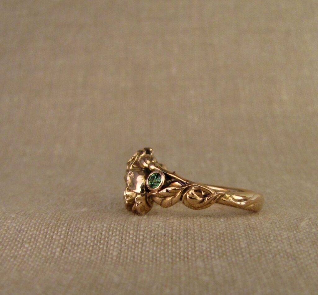 Pair of Roses ring in 19K rose gold, set with tsavorite garnets, cheyenne weil jewelry