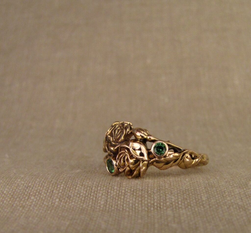 Pair of Roses ring in 19K rose gold, set with tsavorite garnets, cheyenne weil jewelry