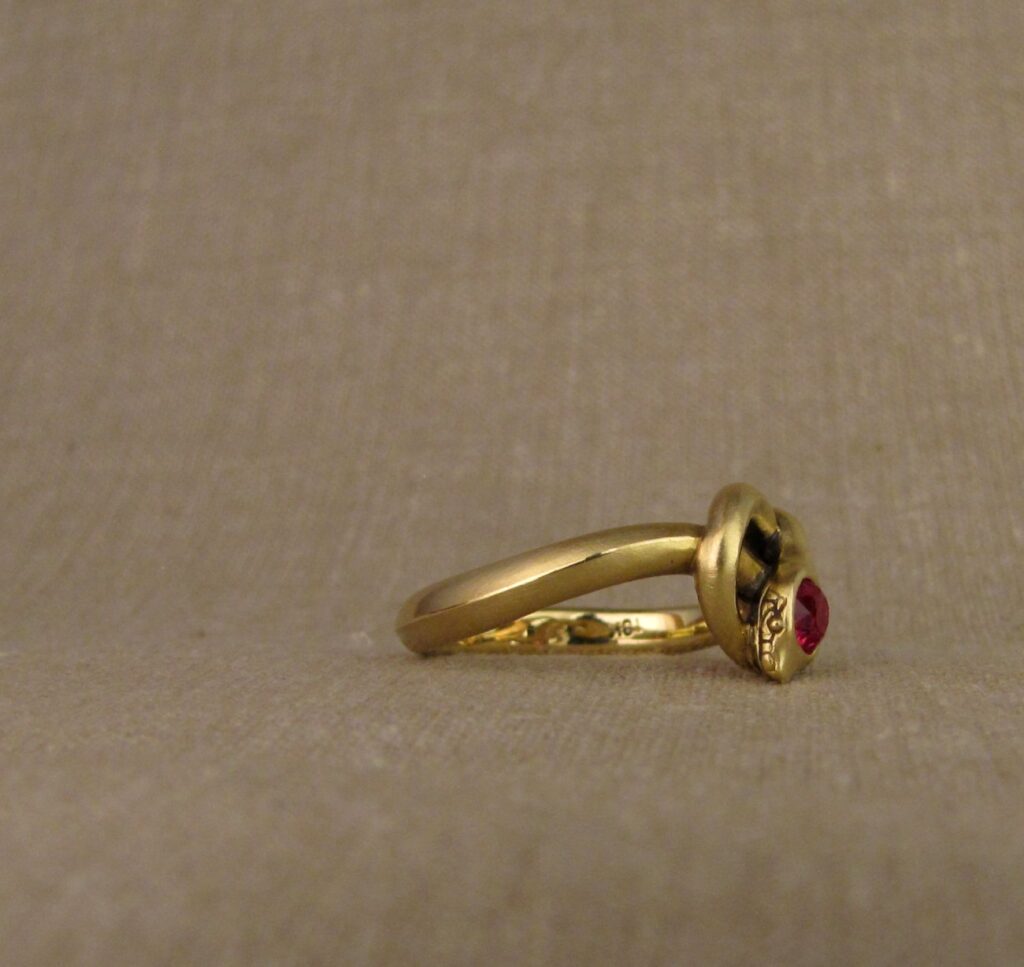 Snake ring with spinel, 14K gold, cheyenne weil jewelry