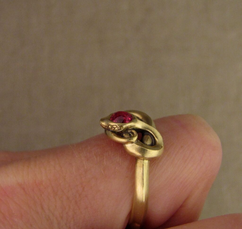 Snake ring with spinel, 14K gold, cheyenne weil jewelry