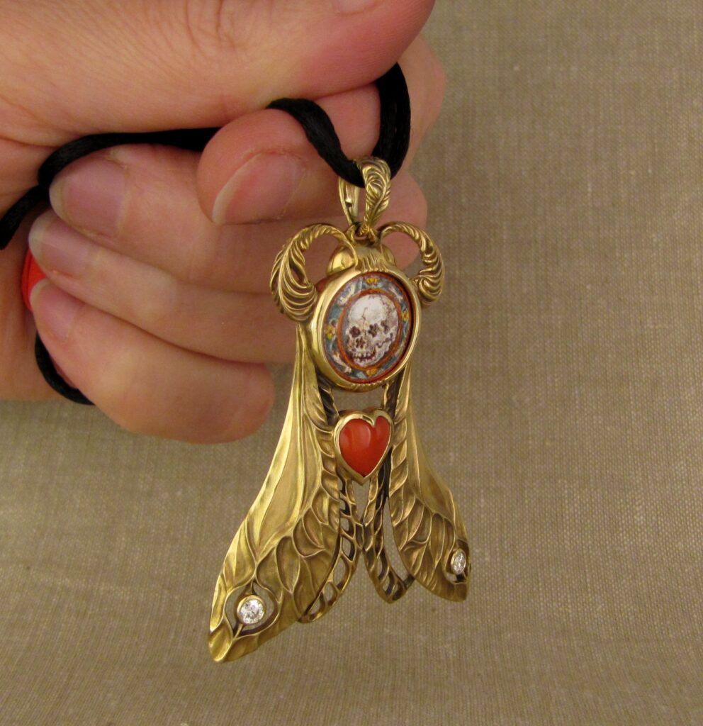 Death's Head Hawkmoth Memento Mori #2 pendant set with custom enamel, coral, diamonds, 18K, cheyenne weil jewelry