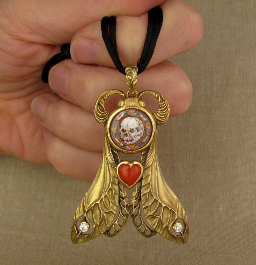 Death's Head Hawkmoth Memento Mori #2 pendant set with custom enamel, coral, diamonds, 18K, cheyenne weil jewelry